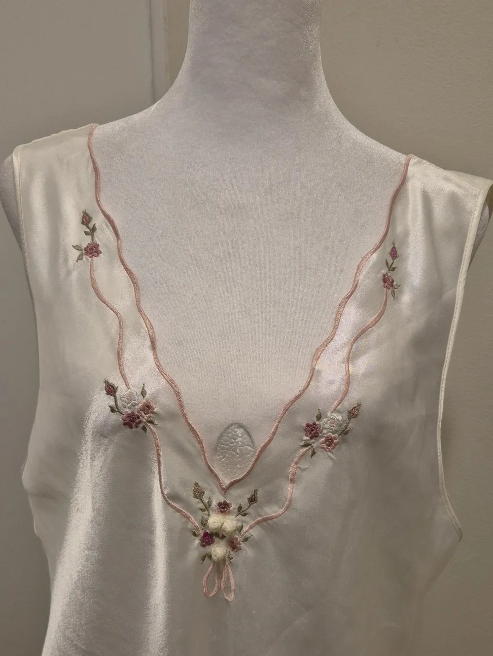 Vintage Ivory Satin Nightgown with Pink Floral Embroidery by Val  Mode
